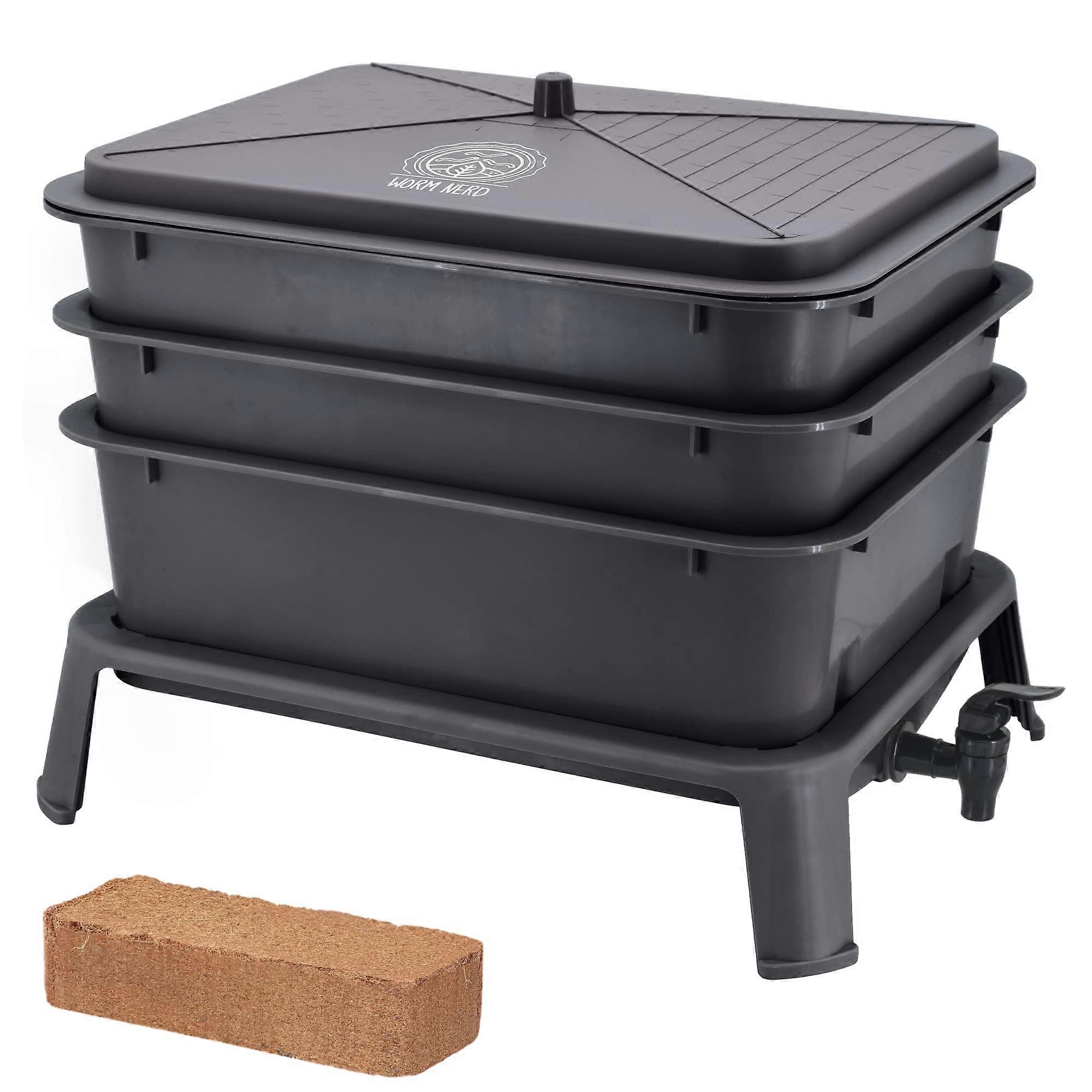 4Tray Worm Composting Bin Kit with Coco Coir, NutrientRich Compost, Indoor Outdoor Use  Black