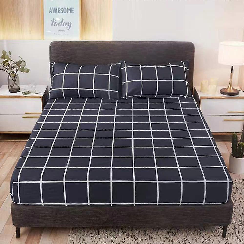 Queen Bed Sheets Set Striped Fitted Sheet with Pillowcase Breathable Elastic Fit Design