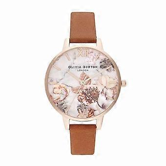 Zegarek kwarcowy dla kobiet - Olivia Burton - MARBLE FLORALS - Skóra naturalna - Brązowy - 34 mm - Kryształ - Wielokolorowy