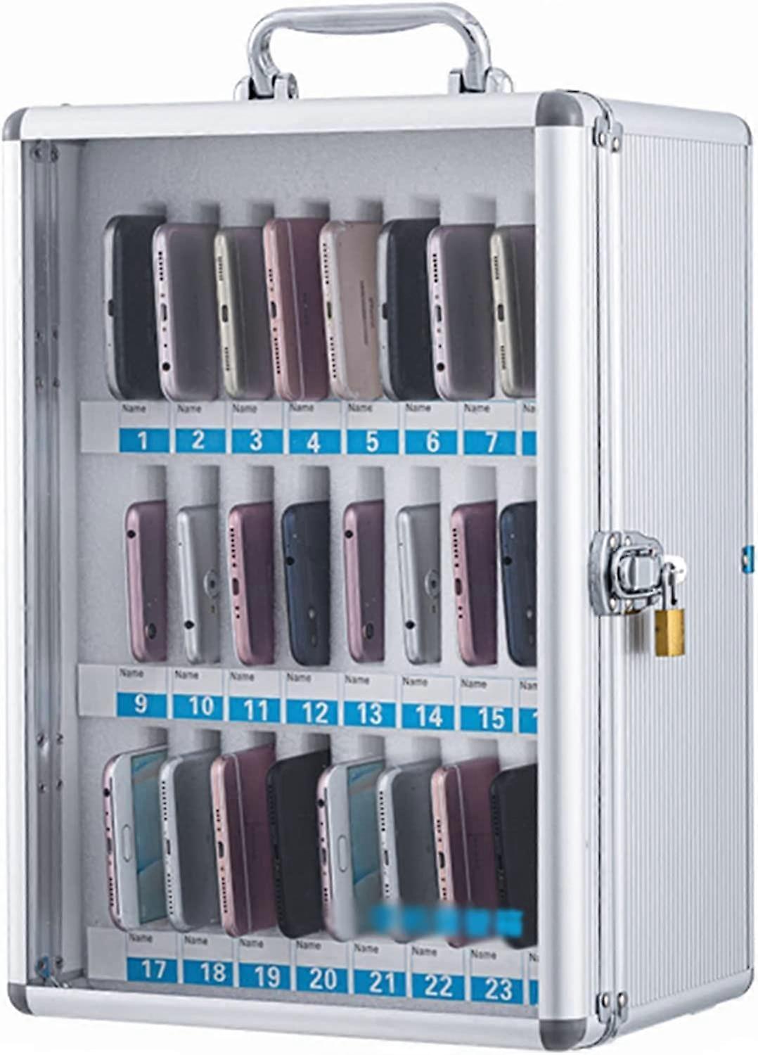 Transparent Lockable Cell Phone Storage Box with 24 Numbered Slots and Secure Key Lock for Classroom