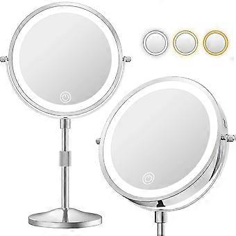 Espelho de maquiagem iluminado com aumento de 20x, altura ajustável, 3 cores de luz reguláveis, giro de 360°, recarregável, 18 cm (7 polegadas).