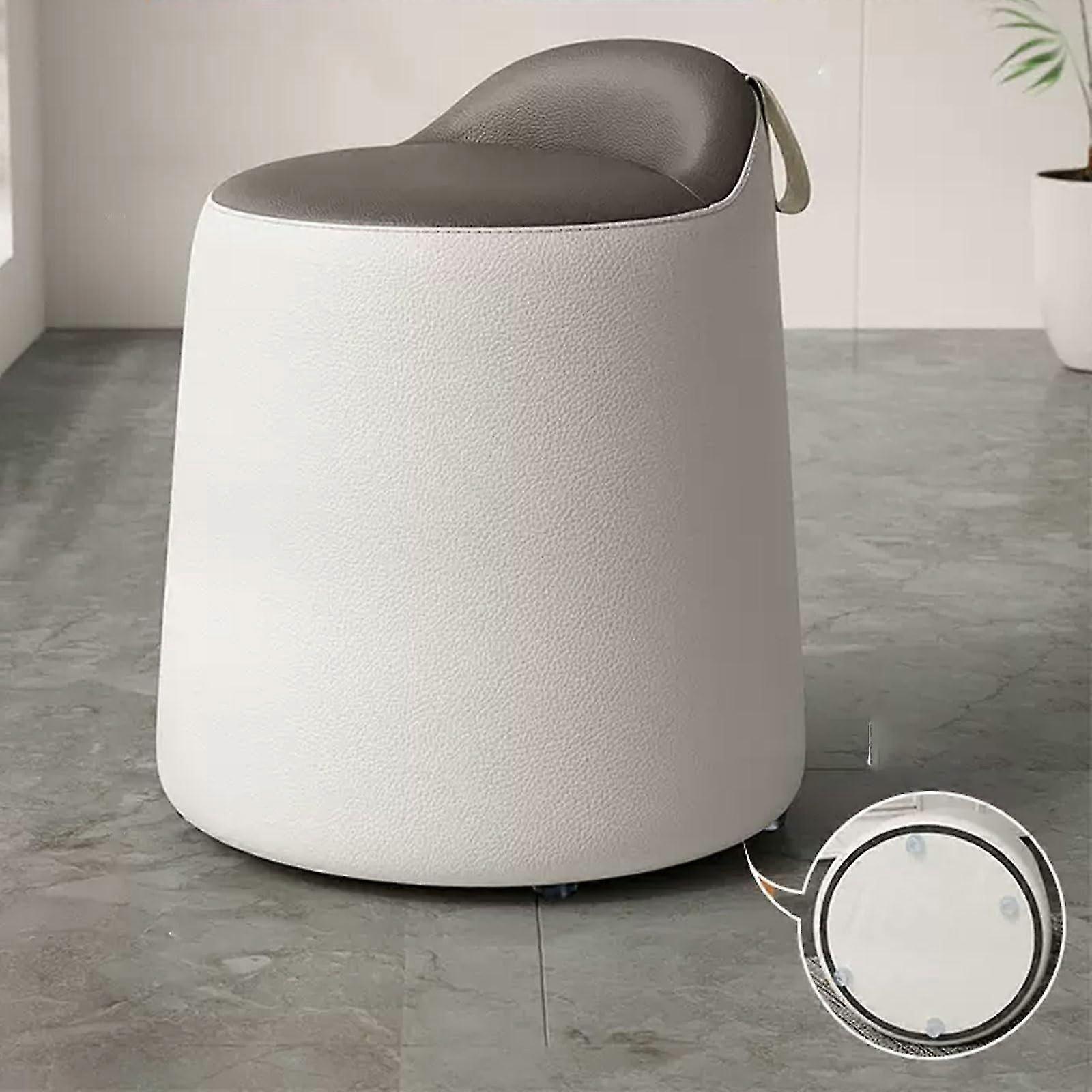 Round PU Leather Vanity Stool, Solid Wood Frame, Soft Padded Seat, Brown Fixed