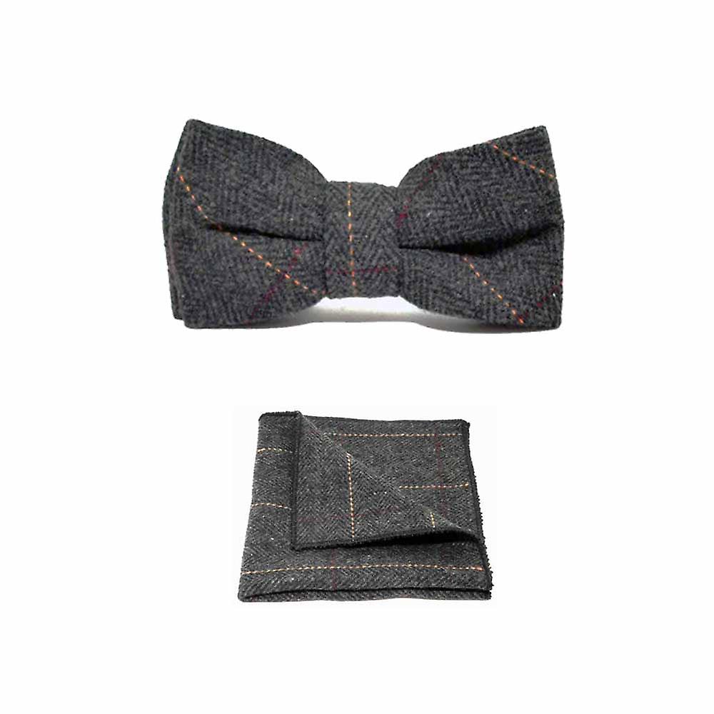 Luxury Herringbone Charcoal Grey Tweed Bow Tie & Pocket Square Set