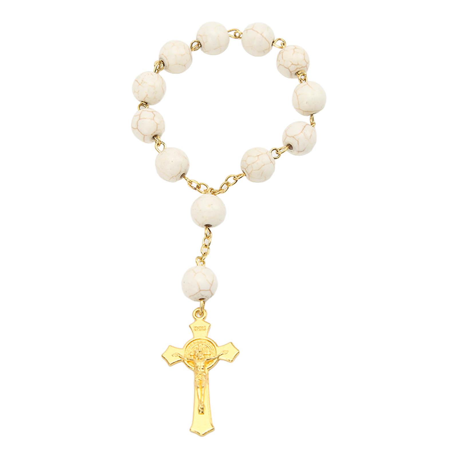 Car Hanging Rosary Polishing Exquisite Portable Prayer Beads with Cross Car Rosary for Decoration White