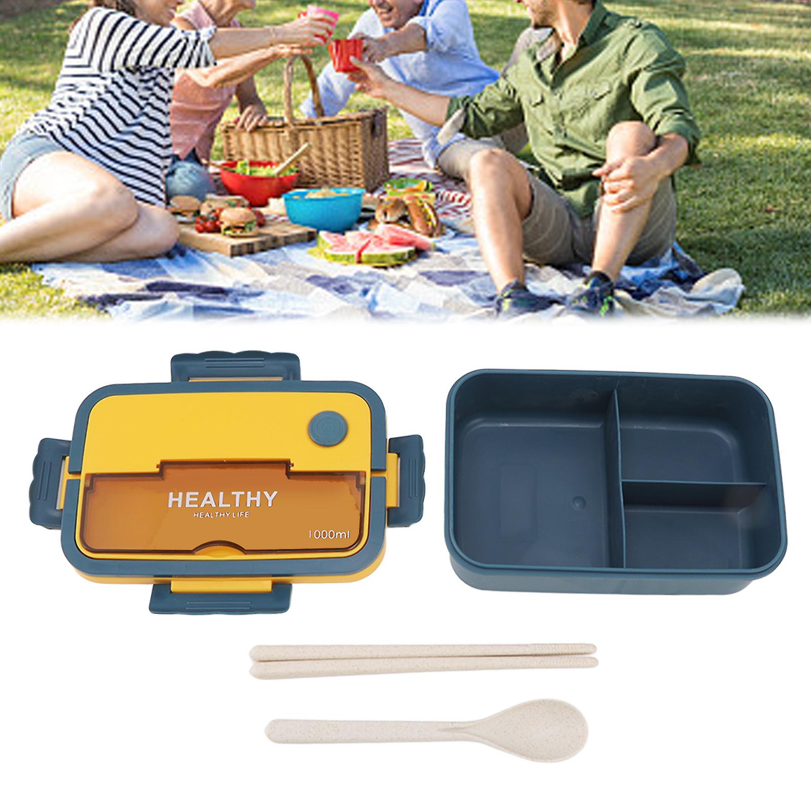 Plastic 3 Compartment Lunch Box 1000ml Microwave Safe Bento Box for Kids Adults Students Office Worker Elegant Blue 