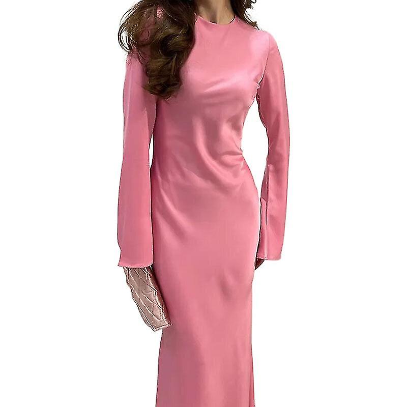 Femei satin moda Slim Maxi rochie cu mânecă lungă talie înaltă elegant solid rochie
