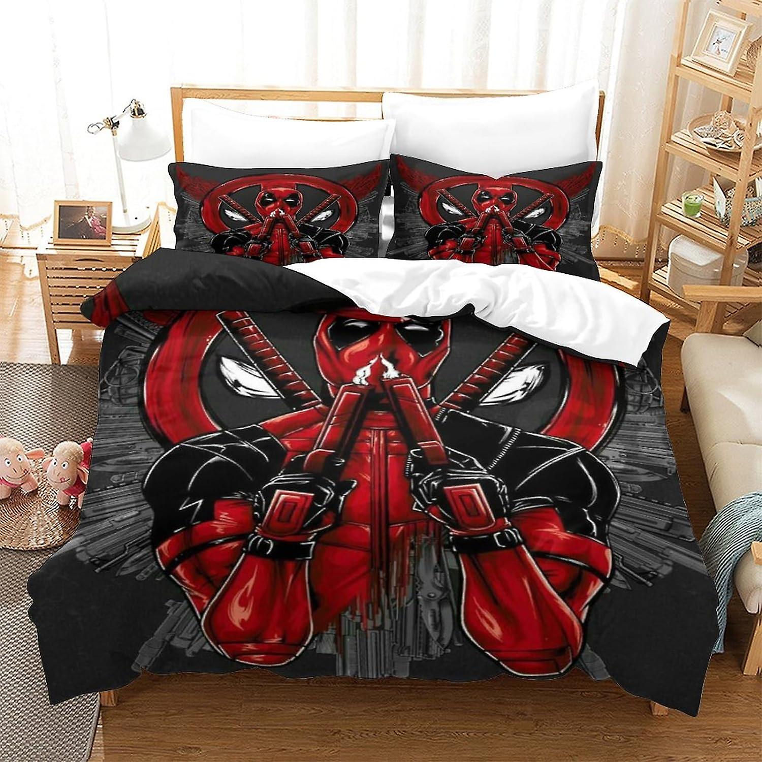HOUKIG 3 Piece Deadpool Comforter Set 3D Superheroes Printed Bedding Comforter Set with Zip Closure for Girls, Super Soft Microfibre Bedding