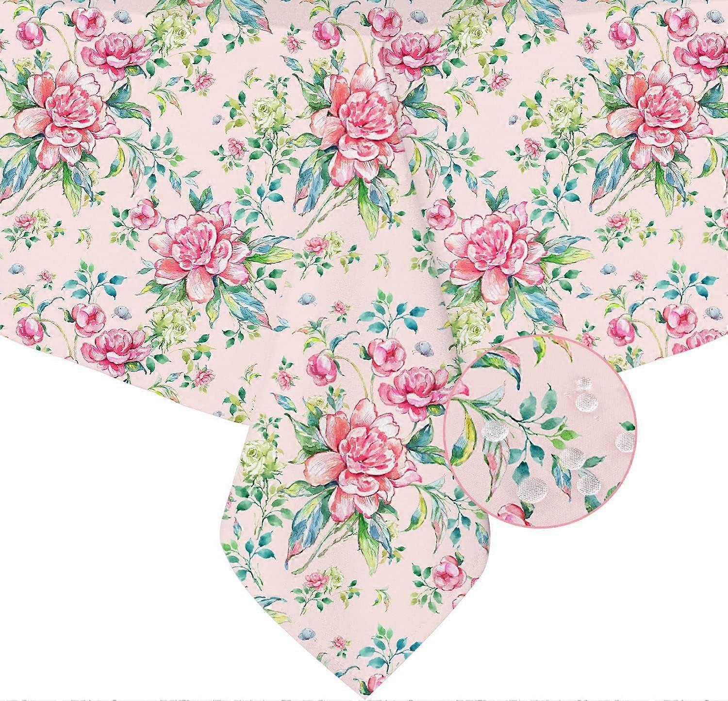 Pink Rectangle Tablecloth, Floral Tablecloth, Pink Flowers Print Table Cloth, Spring Summer Waterproof Wrinkle Free Rectangle Tablecloth for Rectangle