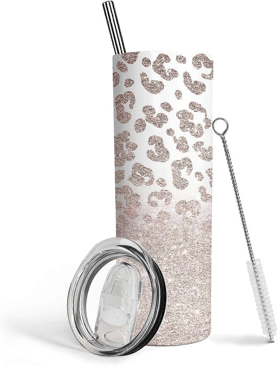 Copo Tumbler de Leopardo Com Tampa E Canudo 20 Oz Copo Térmico Com Estampa De Leopardo Aço Inoxidável Caneca De Viagem De Café Leopardo Rosa