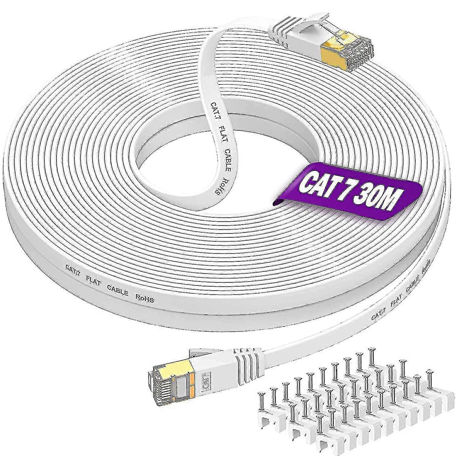 Langes Ethernet-Kabel 30 m, Cat 7 Hochgeschwindigkeits-Flach-Internetkabel 30 Meter Netzwerkkabel Weiß 10 Gbit/s 600 MHz RJ45-Kabel 100 Fuß abgeschirmtes LAN-Patchkabel für