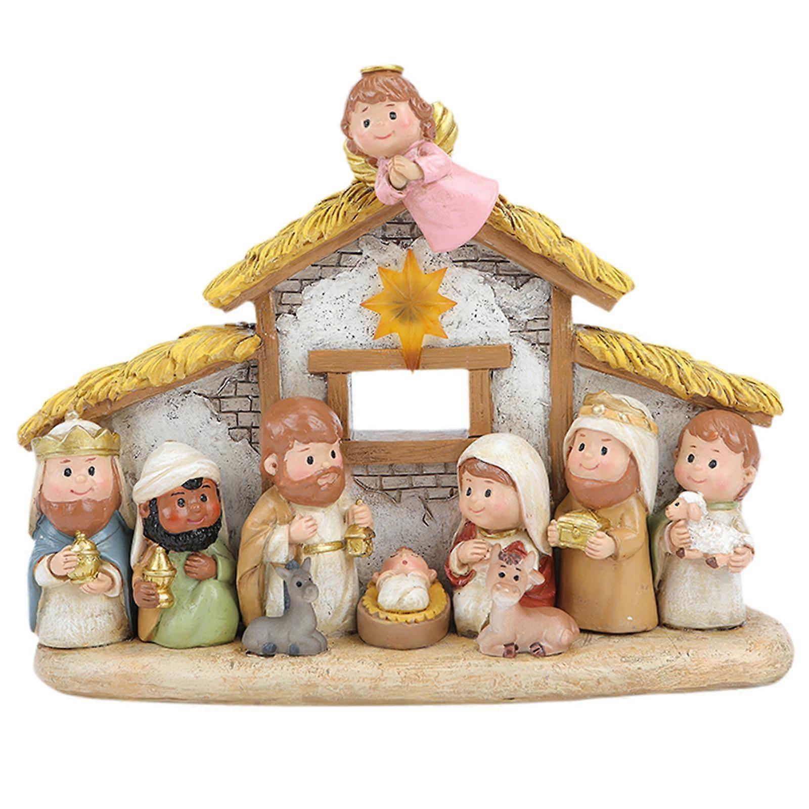 Cartoon Miniature Religious Resin Christmas Nativity Set Ornament with Light
