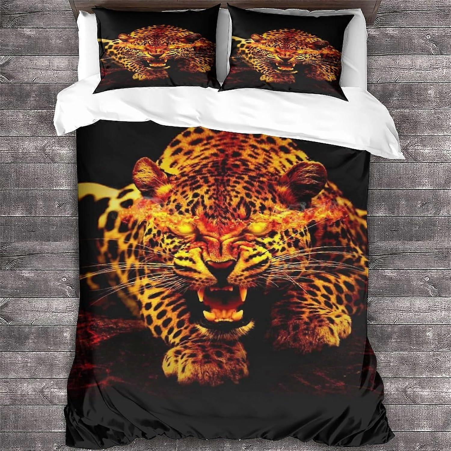 Leopard Microfiber Bedding Set with Duvet Cover and Pillowcases Animal and Wildlife Pattern D with Duvet Cover and Closure