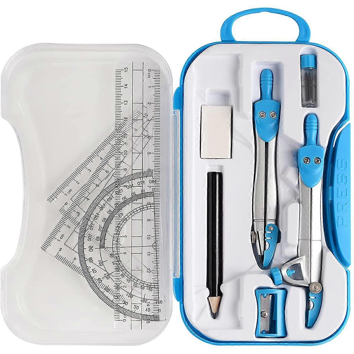 10pcs Geometry Kit Math Tool Kit with Compasses Protractor Pencil Eraser Sharpener Set Square Triangle Ruler Lead Refills