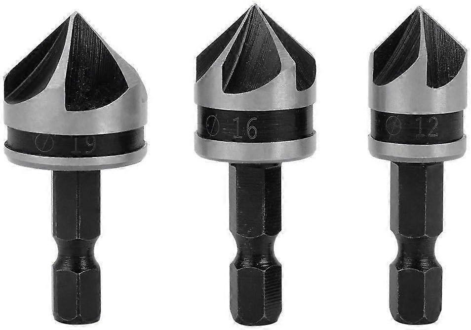 3pcs 1/4" Hex HCS Countersink 5 Flute Drill Bits for Countersink Sink Countersink 12mm/16mm/19mm for Wood Metal,2024 Ping