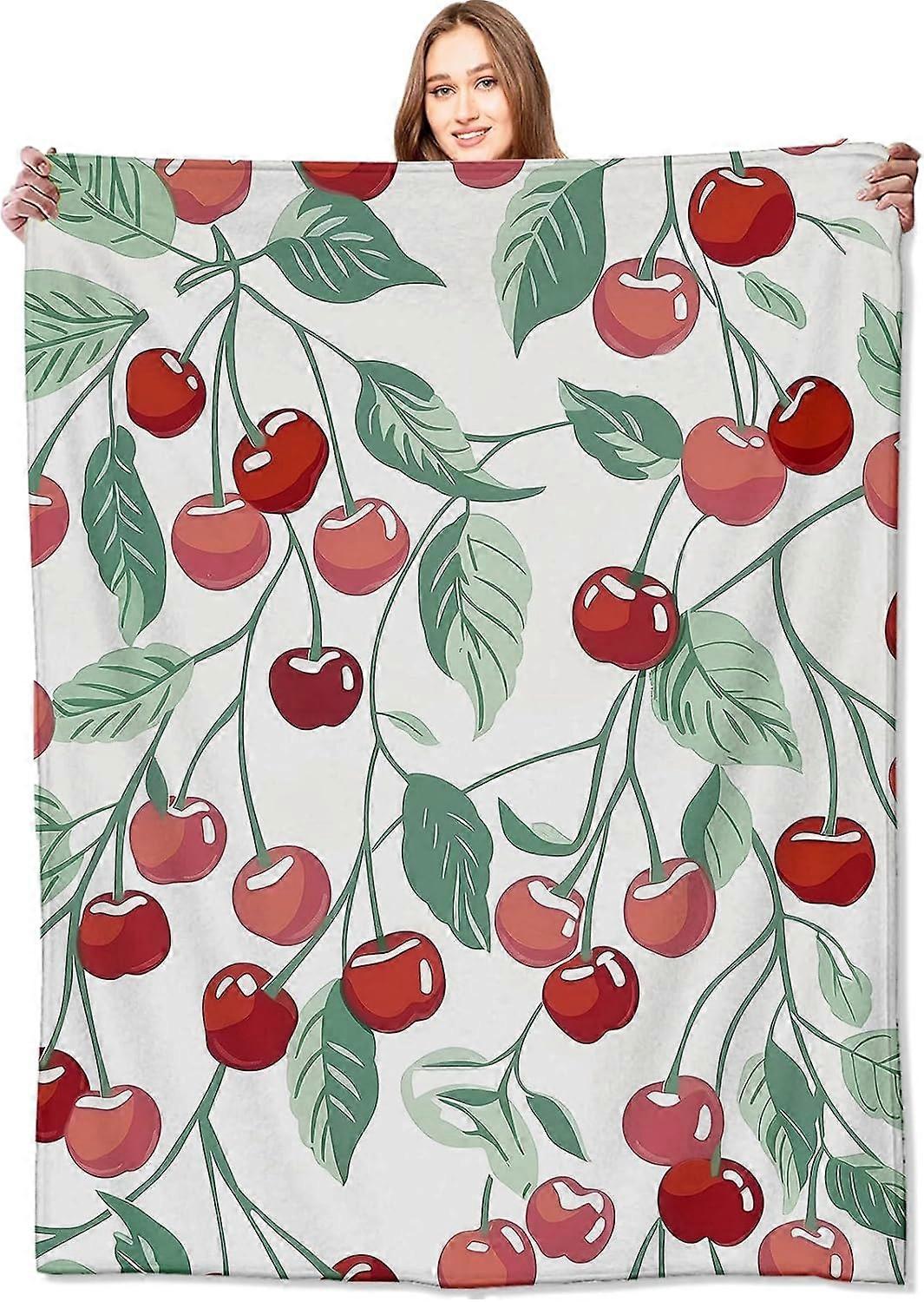 بطانية الكرز بطانيات رمي الفاكهة الحمراء الطازجة بأوراق خضراء ، هدايا عيد ميلاد للأطفال والنساء البالغات ، والصوف الناعم خفيف الوزن ، لأريكة غرفة النوم Fa