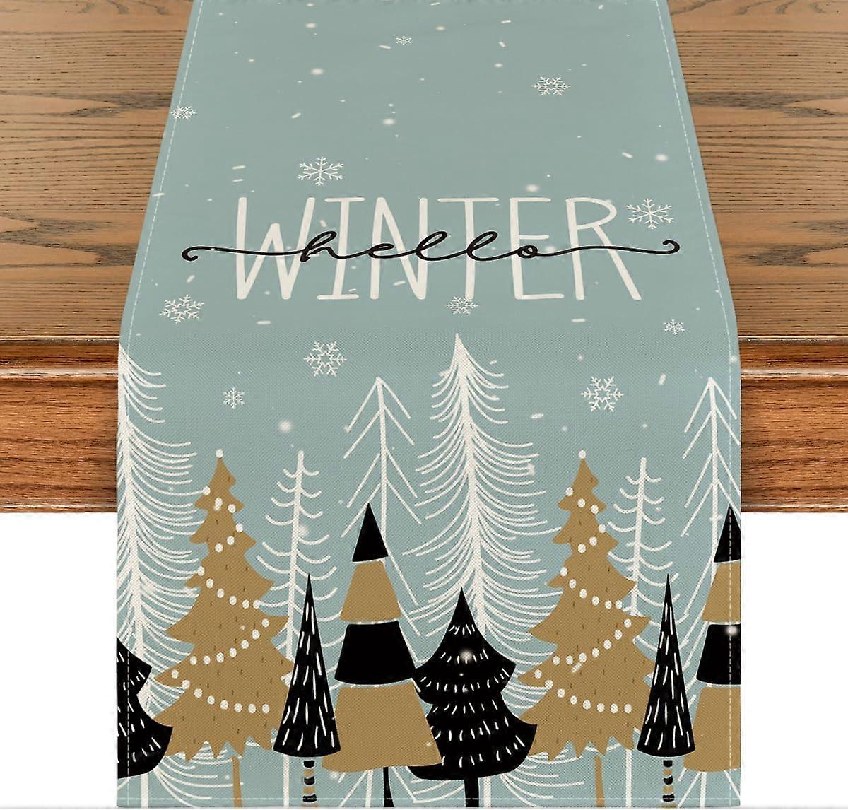 Snowflake and hello winter table runner, bohemian pine tree pattern seasonal Christmas decoration for kitchen dining table for parties, 13x72 inch