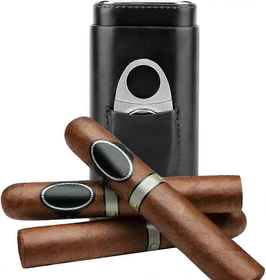 Tragbares Zigarrenetui (Schwarz) Leder Reise Zigarrenetui Zedernholz Humidor 3 Zigarren mit Edelstahl Zigarrenschneider Ständer