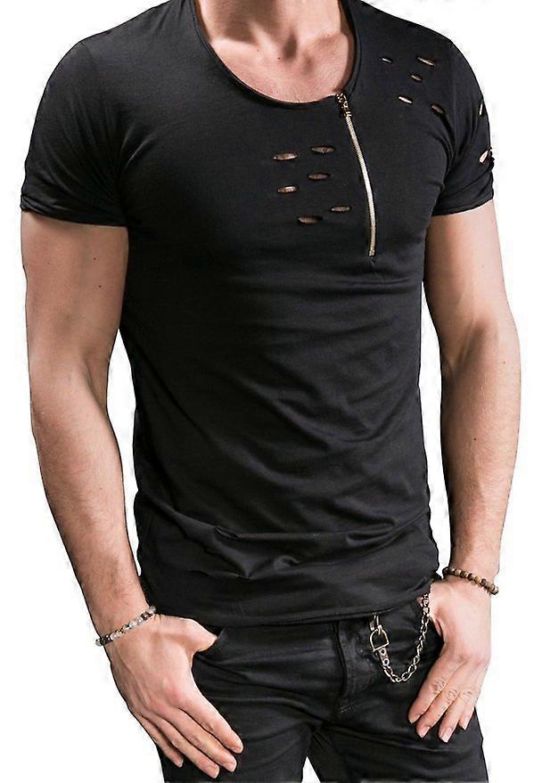 Men's new short sleeved T-shirt, burnt zipper decoration men's wear