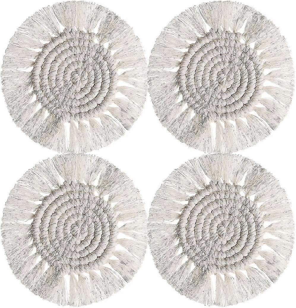 Boho Handmade Macrame Coasters 4 Pack Cotton Woven Round Coaster Set With Tassel For Kinds Of Mugs And Cups (beige, Diameter 7")-c