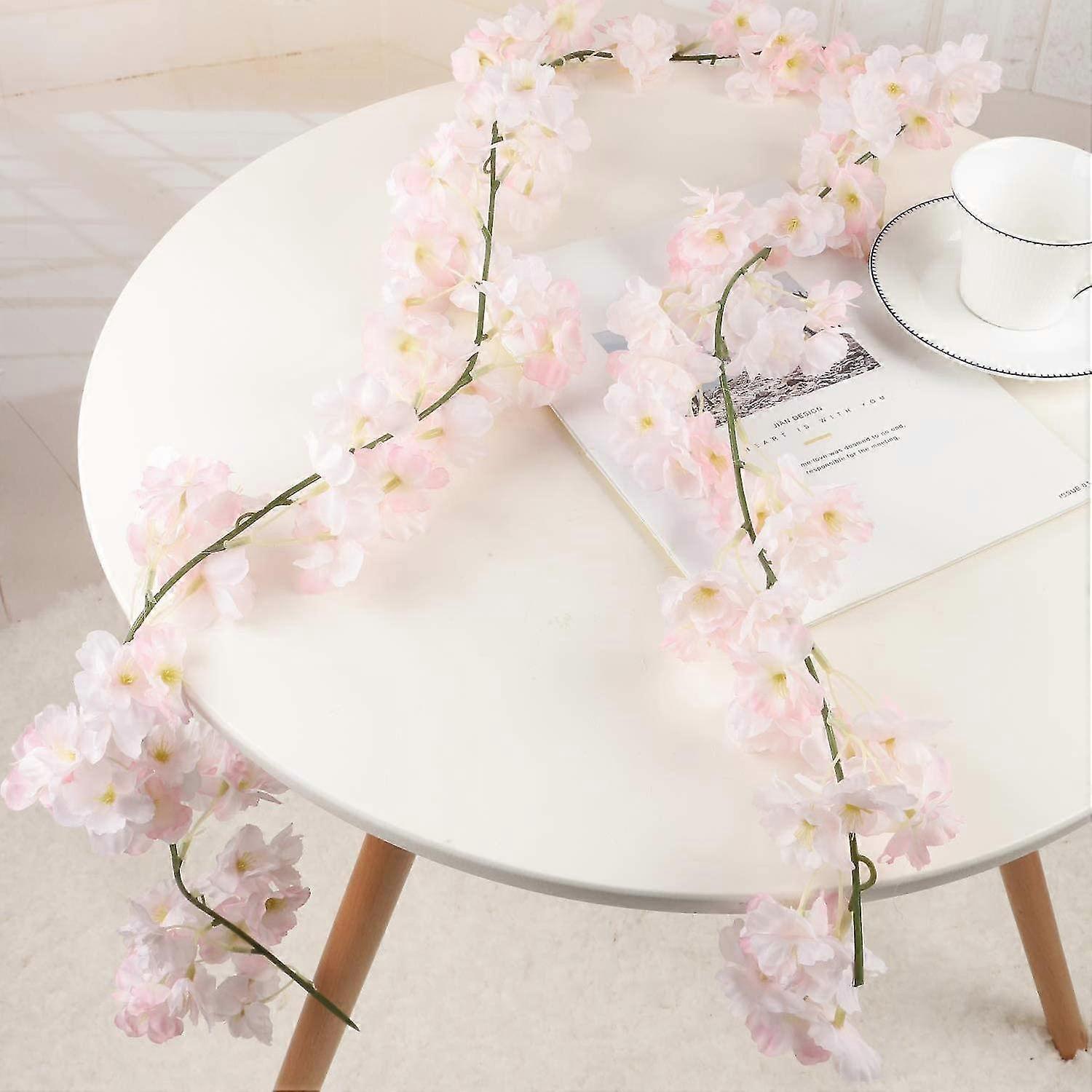 Artificial Silk Flowers Cherry Blossom Garland Hanging Vine For Wedding Home Garden Decoration 2 Pack (pink)