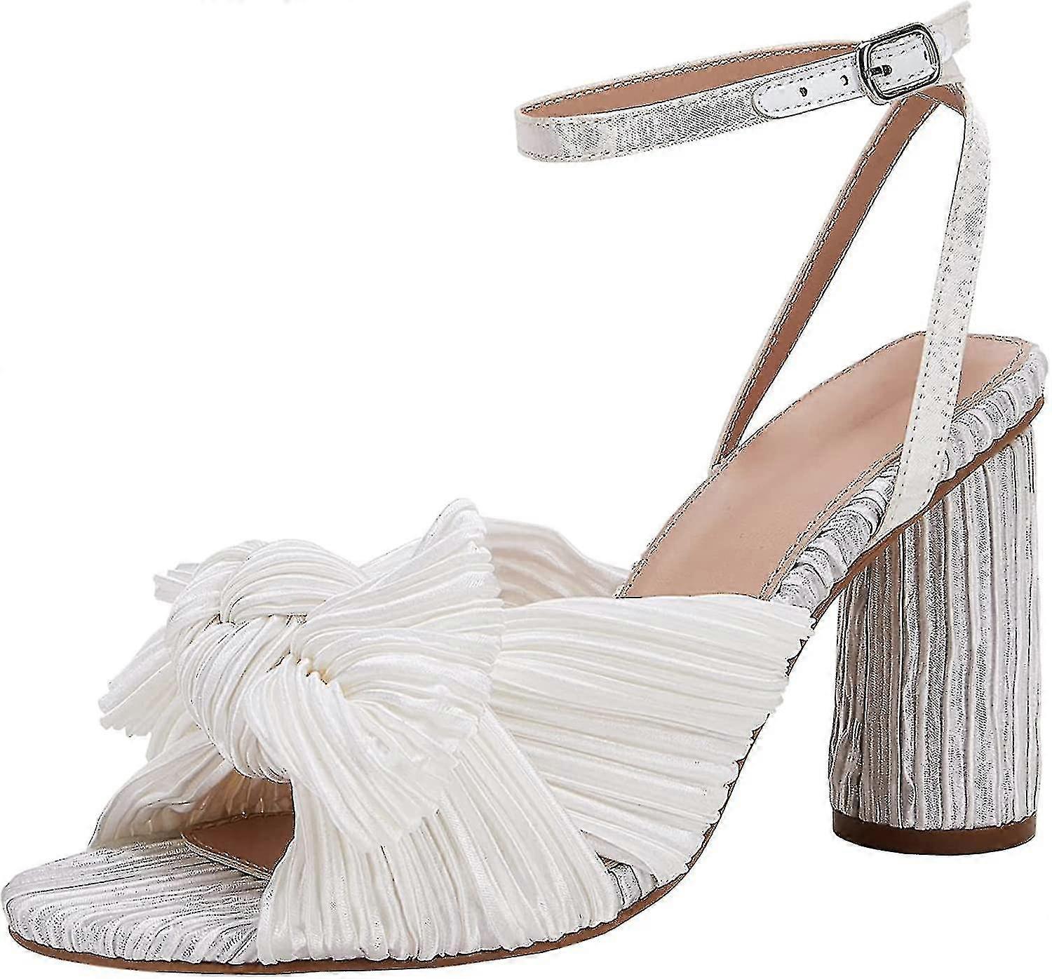 Kvinners Bow Knot Hælte Sandaler Brude Bryllup Åpen tå Ankelstropp Chunky Hæler Ch12