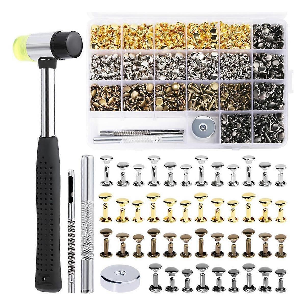 Leather Rivets, 600 PCS Multicolor Double Cap Rivets, Leather Rivet Kit with Hollow Punch,Punch Tool and Rubber Harmmer