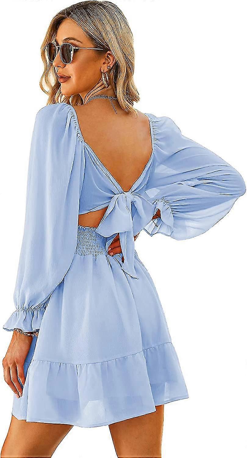 Ladies Lace-up Sleeves Square Neck Ruffle $ Waist Casual Mini $ Square Neck Frill Sleeve Back Bowknot Lace Ffon