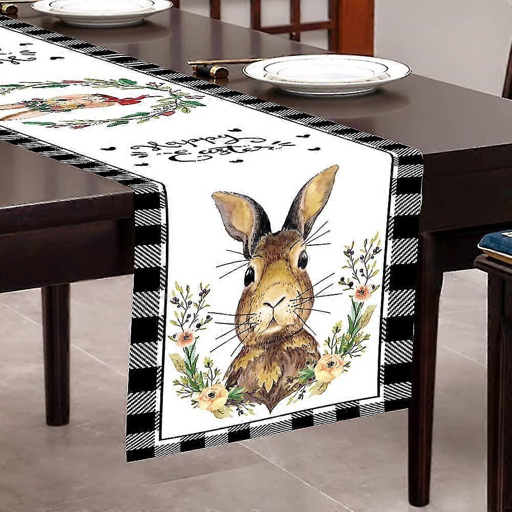 35*180cm Polyster Buffalo Plaid Easter Table Runner Classic Black White Checker Rabbit Flower Tablecloth For Spring Easter Party