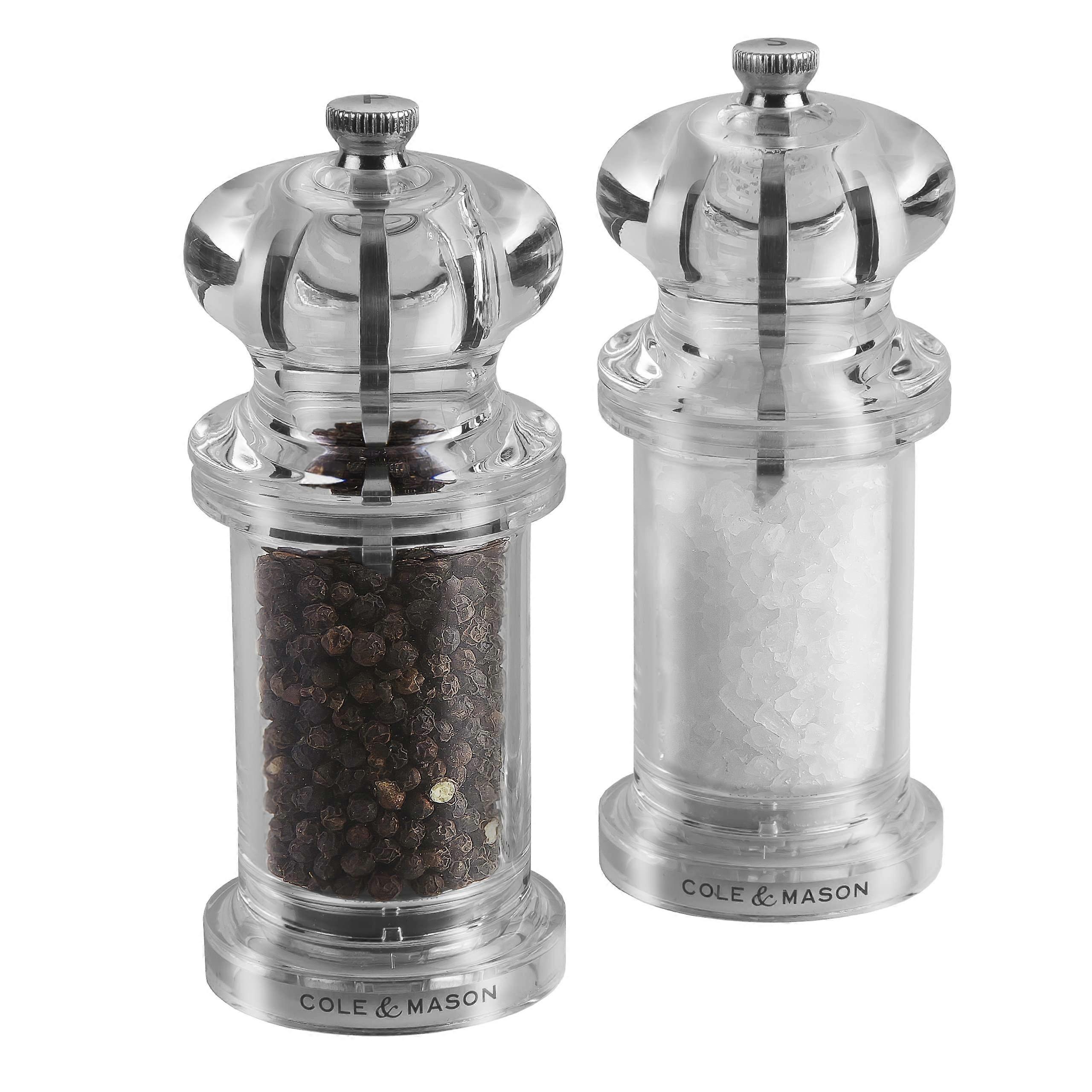 505 Salt and Pepper Grinder Set - Clear Acrylic Mills with Precision Mechanisms and Premium Sea Salt & Peppercorns