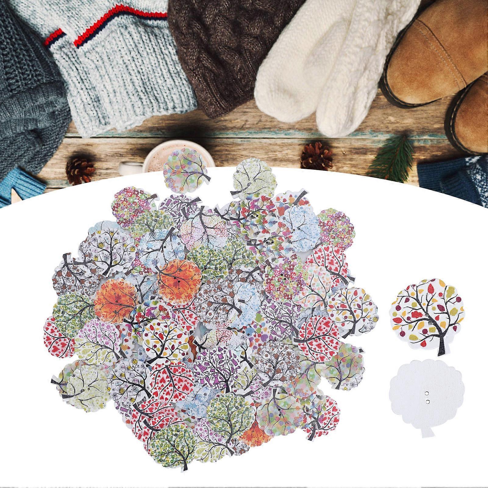 100pcs Tree-Shaped Wooden Buttons, Color Painted, 3x3cm DIY