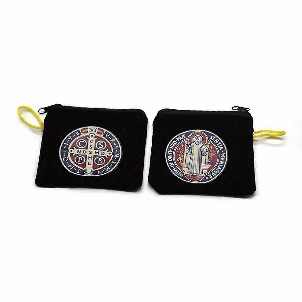 2pcs Saint Benedict Color Print Black Velet Zipper Rope Rosary Necklace Storage Bag