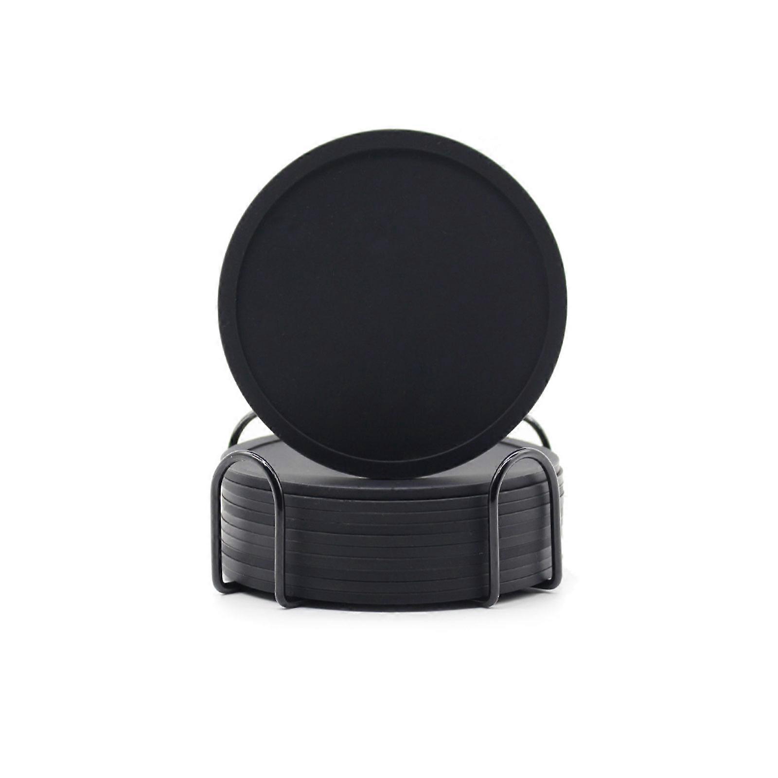 ラウンドシリコンコースターセット滑り止め耐熱、ブラック(アイアンスタンド付き12パック)