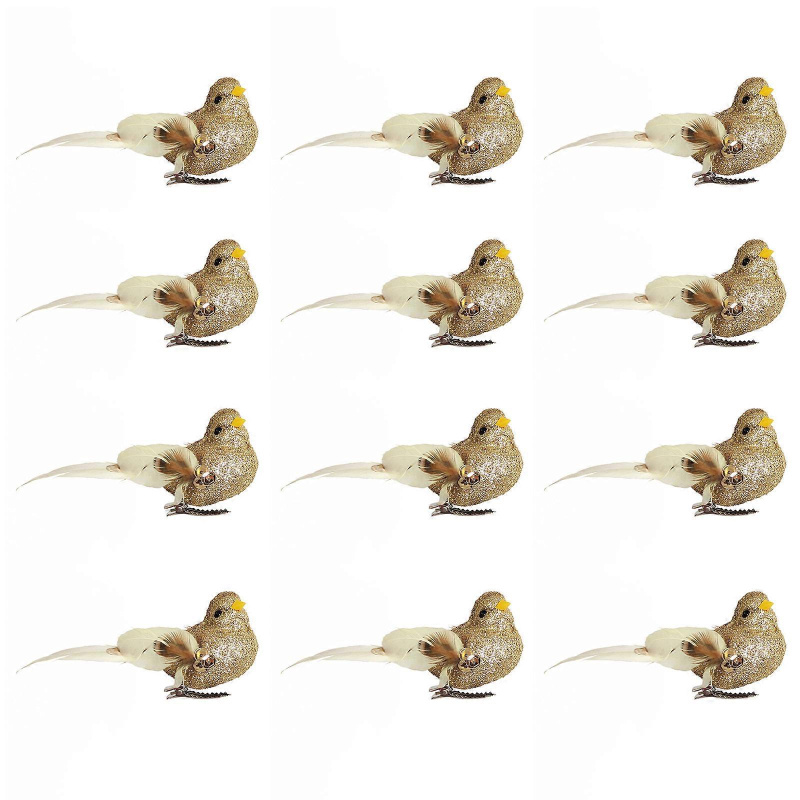 12 Pcs Gold Cardinal Artificial Birds with Clip - Cardinal Bird Christmas Ornament with Feather Wreath Flower Arrangement Supplies for Xmas Tree