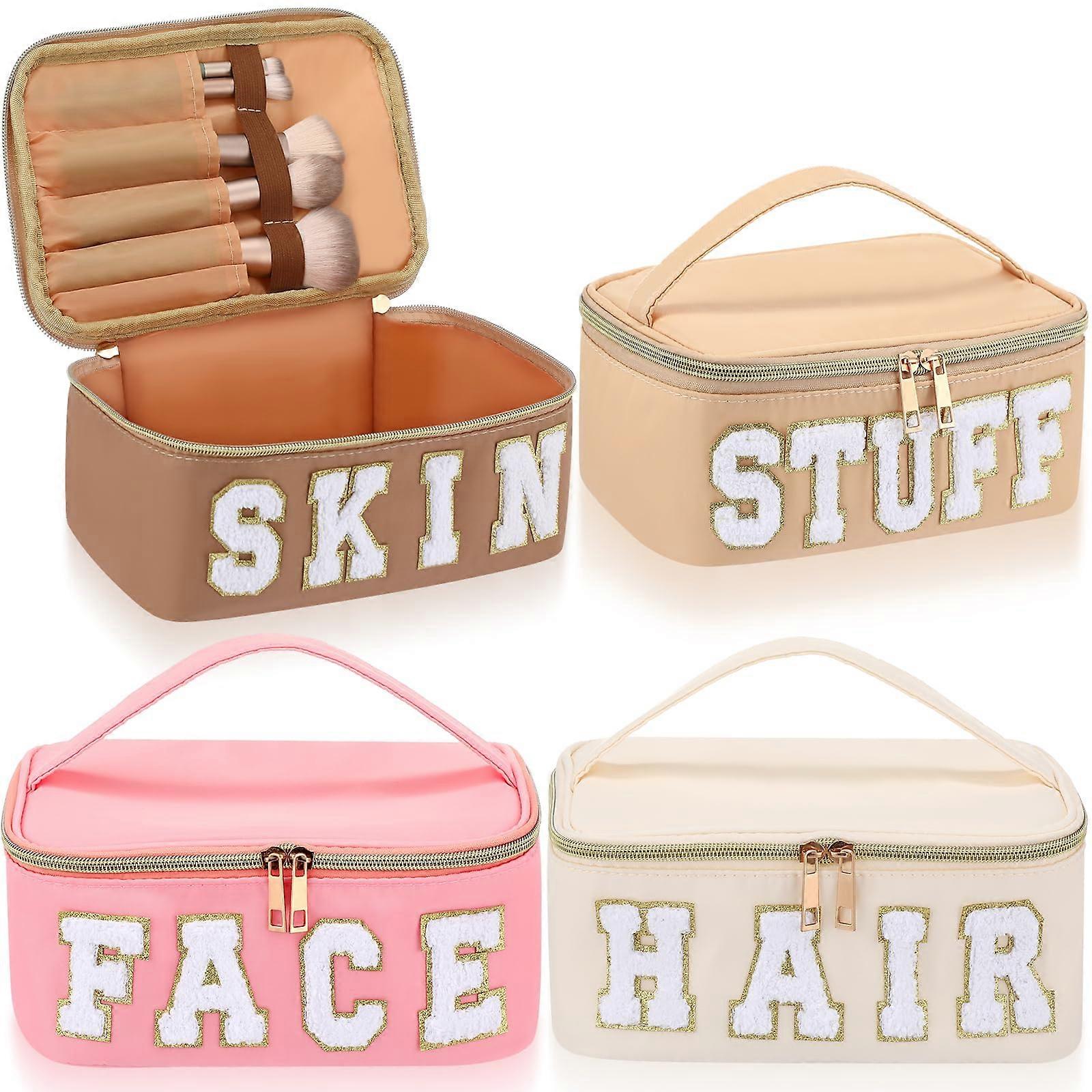 4 Pcs Chenille Letter Preppy Patch Nylon Makeup Bag for Travel Toiletry Storage Large