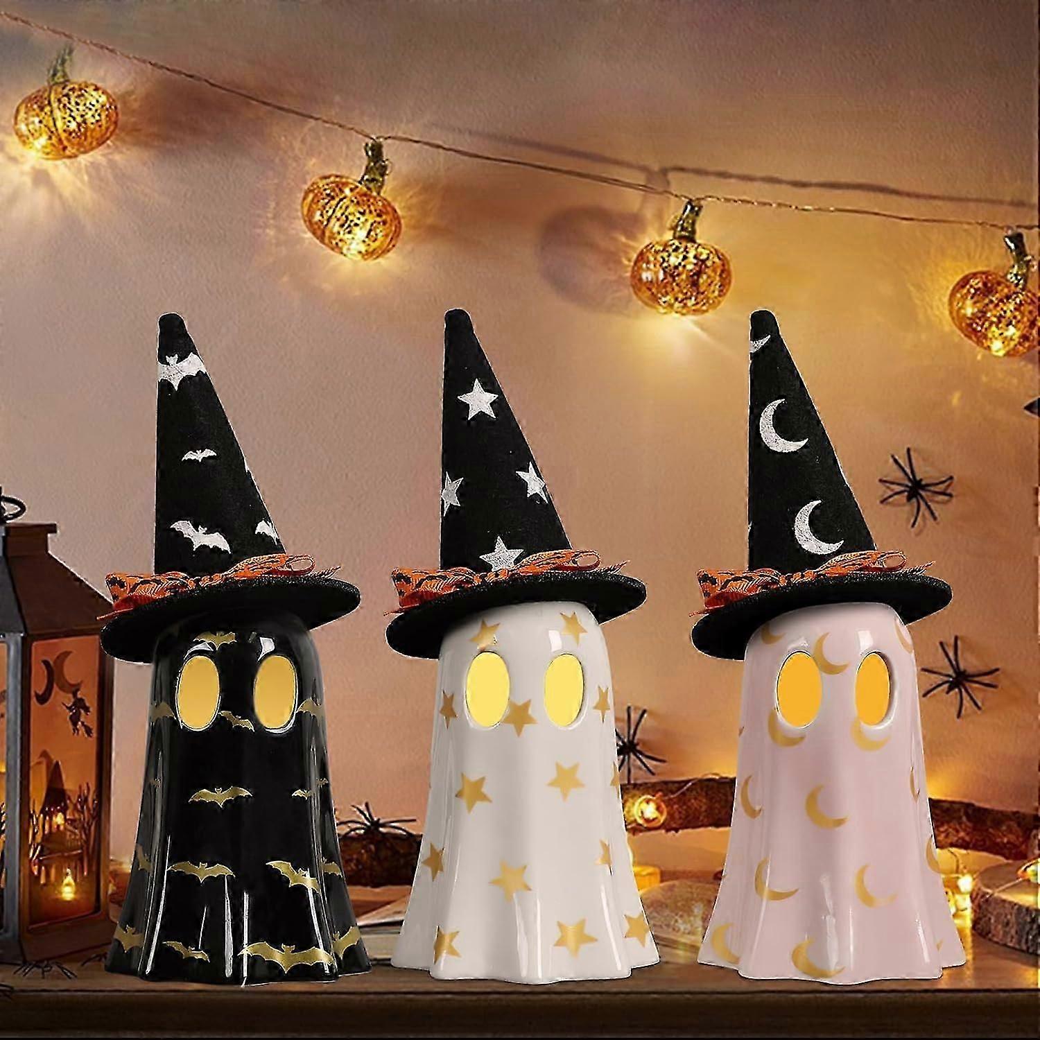 Ghost Halloween Decor, 3PCS Ceramic Halloween Ghost Decorations Indoor, Ghost Decor with Witch Hat for Fall Halloween Home Dcor