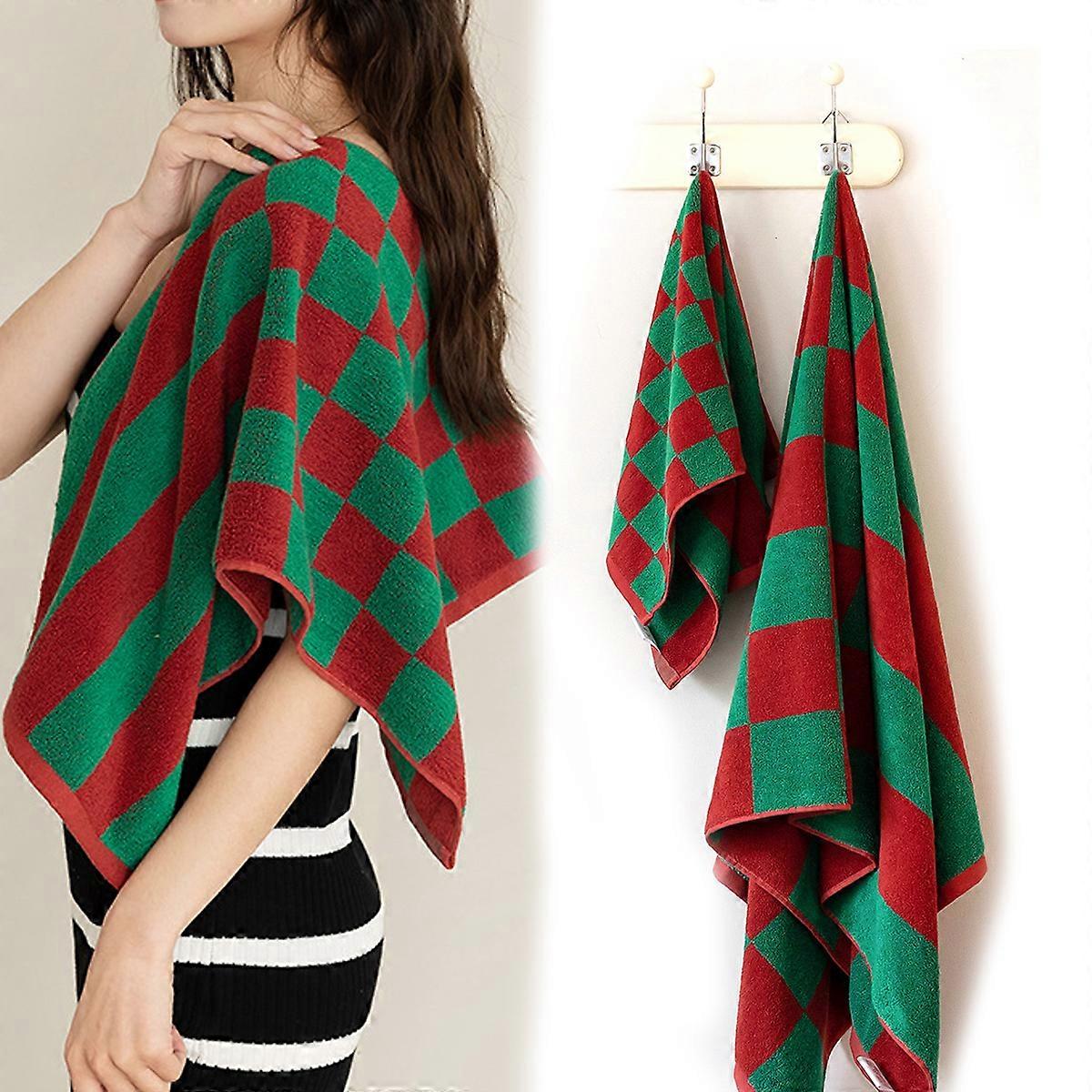 Bath Towels Set - 2 - Pieces Hand Towel Cotton Towels Set,Absorbent Towel Sets for Adults,Chessboard grid Towel Set,Red+Green