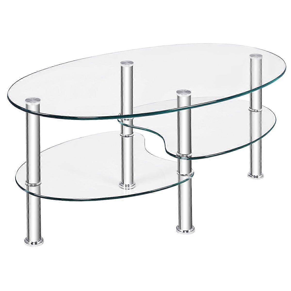 3-tier glass table with modern oval design, transparent three-tier shelf