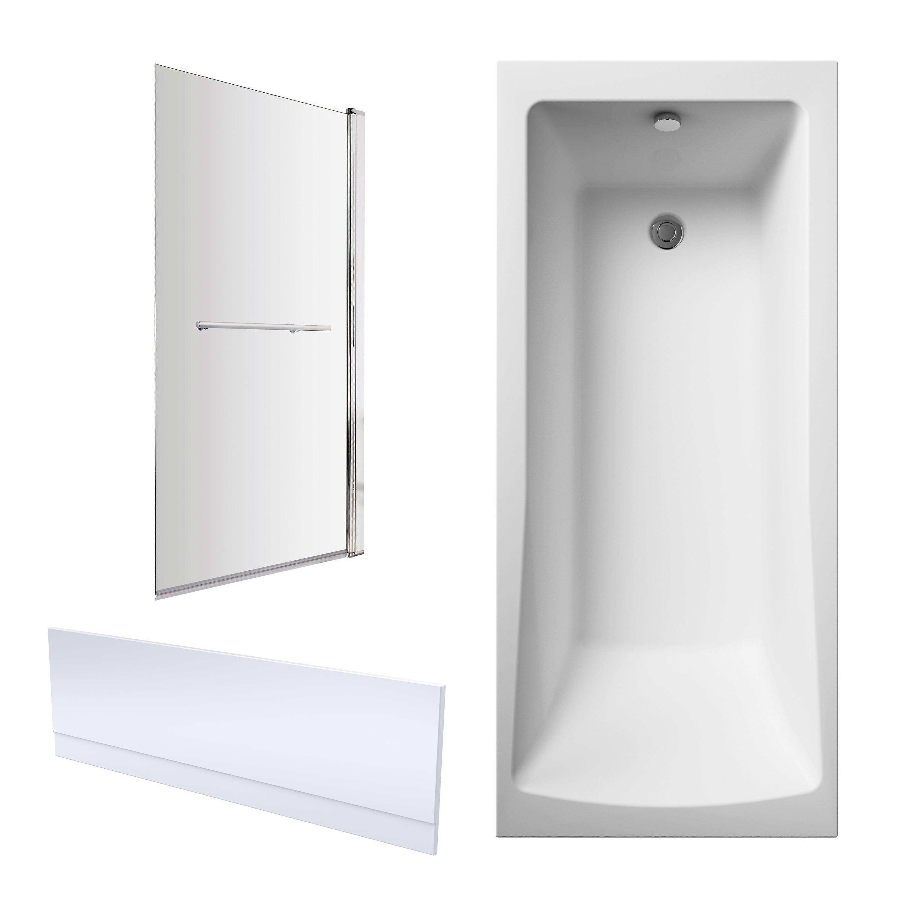 Square Single Ended 1700x700 Shower Bath Set – Front Panel, Chrome Square Bath Screen with Towel Rail & Leg Set
