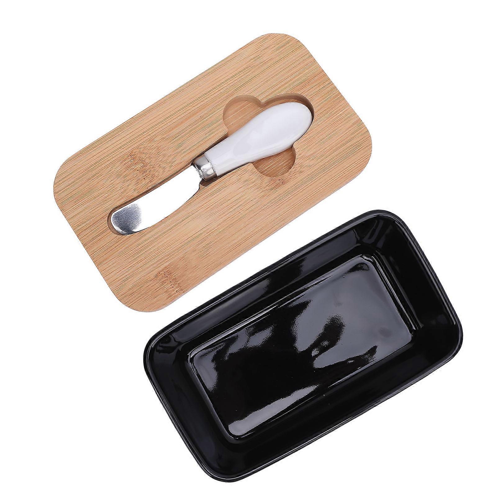 600ml Ceramic Butter Dish with Lid Butter Keeper Butter Container With Cutter for Kitchen Countertop Black