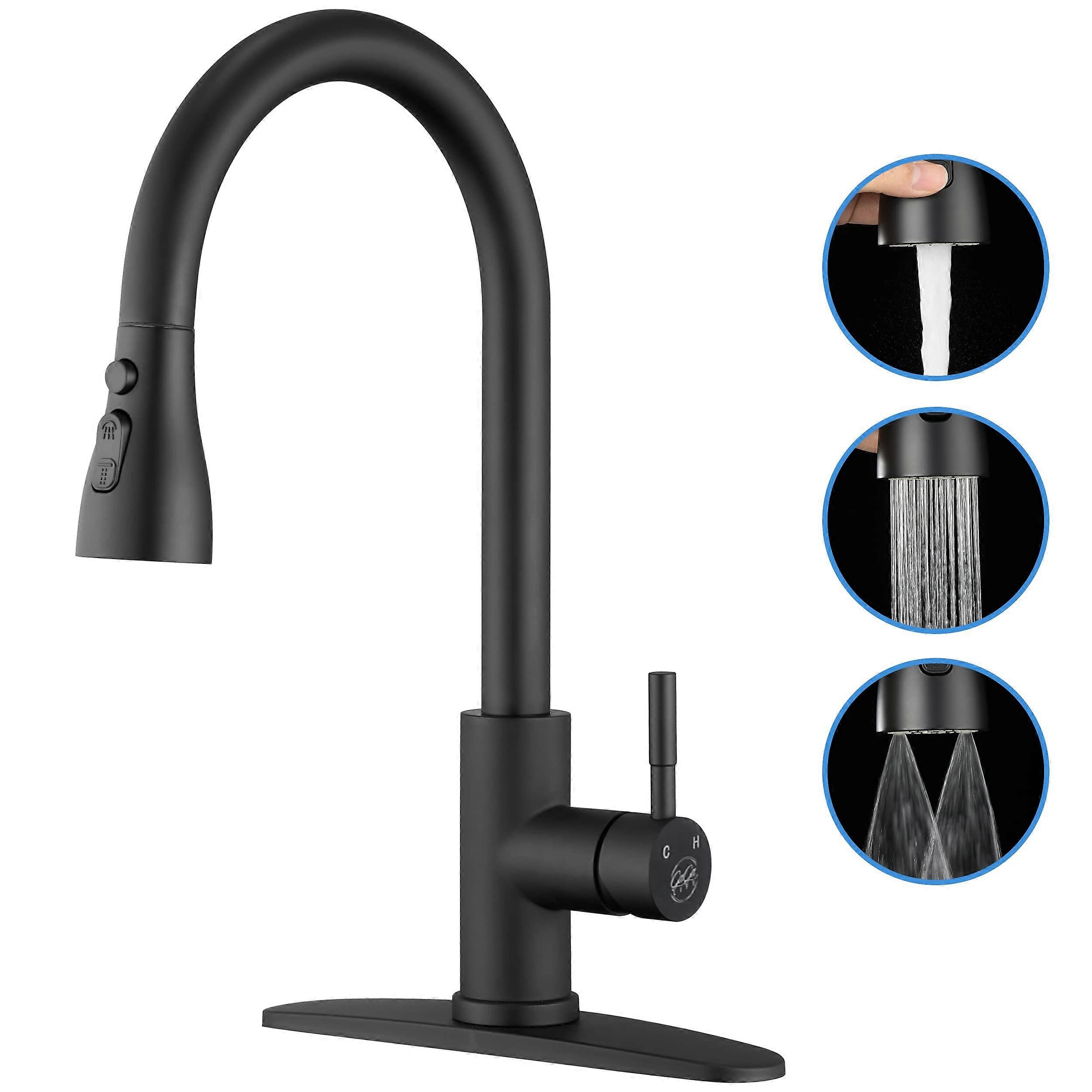 Matte Black Kitchen Faucet With Pull-Down Spray, High-Arc Stainless Steel, 3-Function, Single Handle