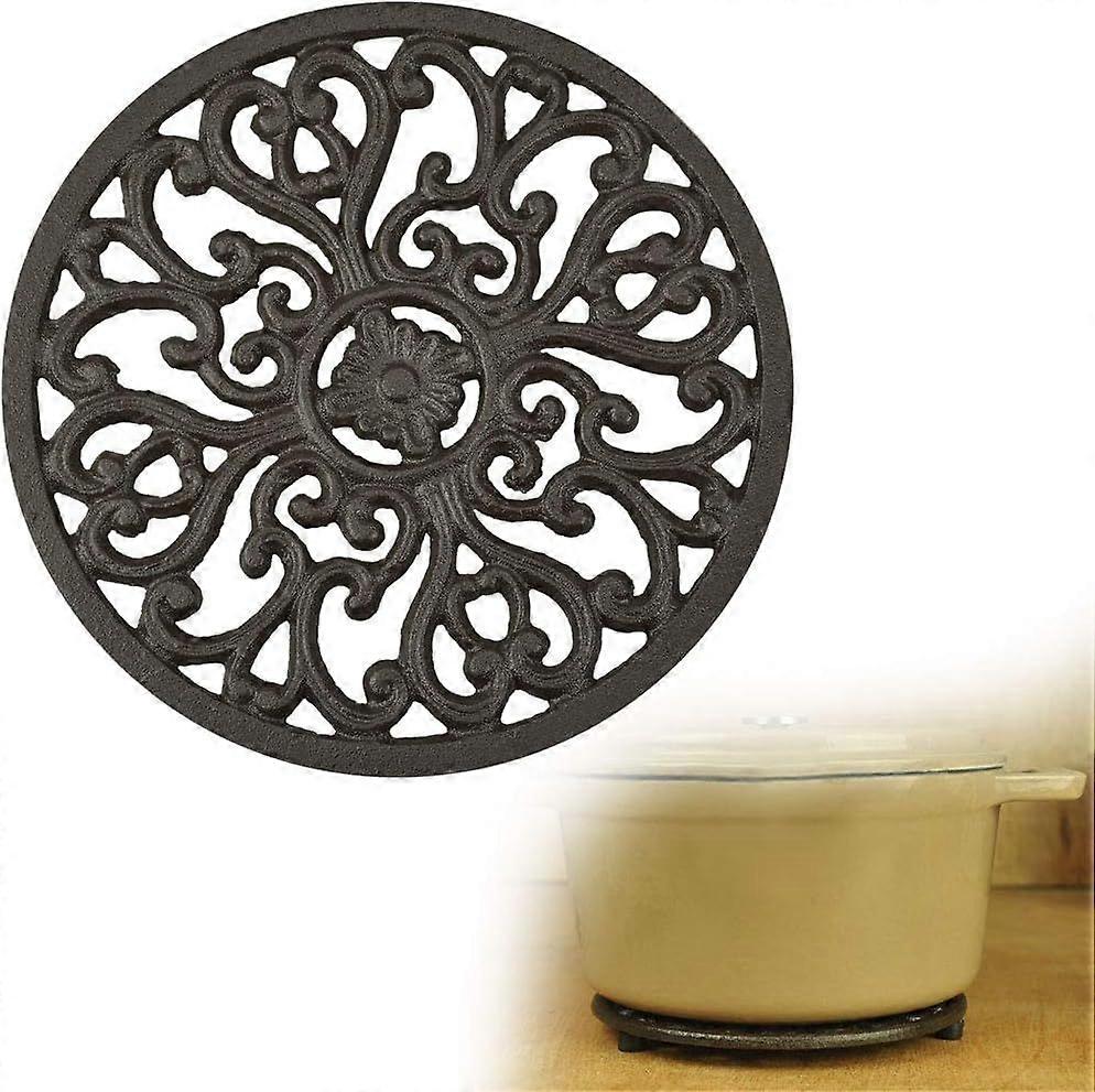 Decorative Cast Iron Trivet for Kitchen or Dining Table | Round with Vintage pattern - With rubber dowels - Recycled metal - Rustic design - Brown rus
