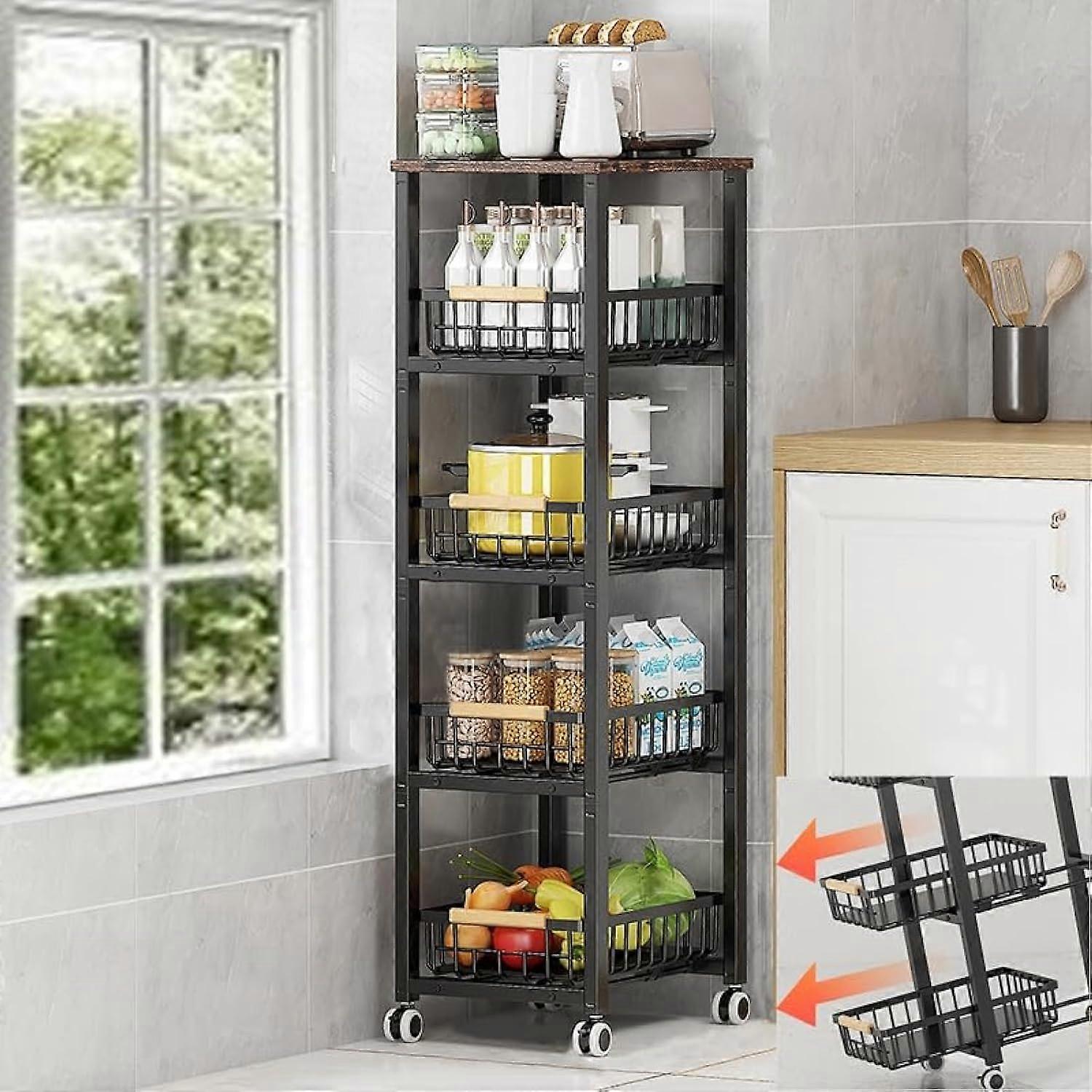Metal Wire Baskets with Wheels, Stackable Storage B Kitchen Organizer Shelf