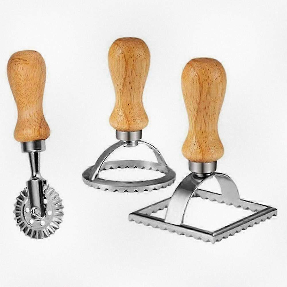 Ravioli Stamp Maker Cutter with Wooden Handle and Fluted Edge, Kitchen Attachment for Making Pasta Dishes