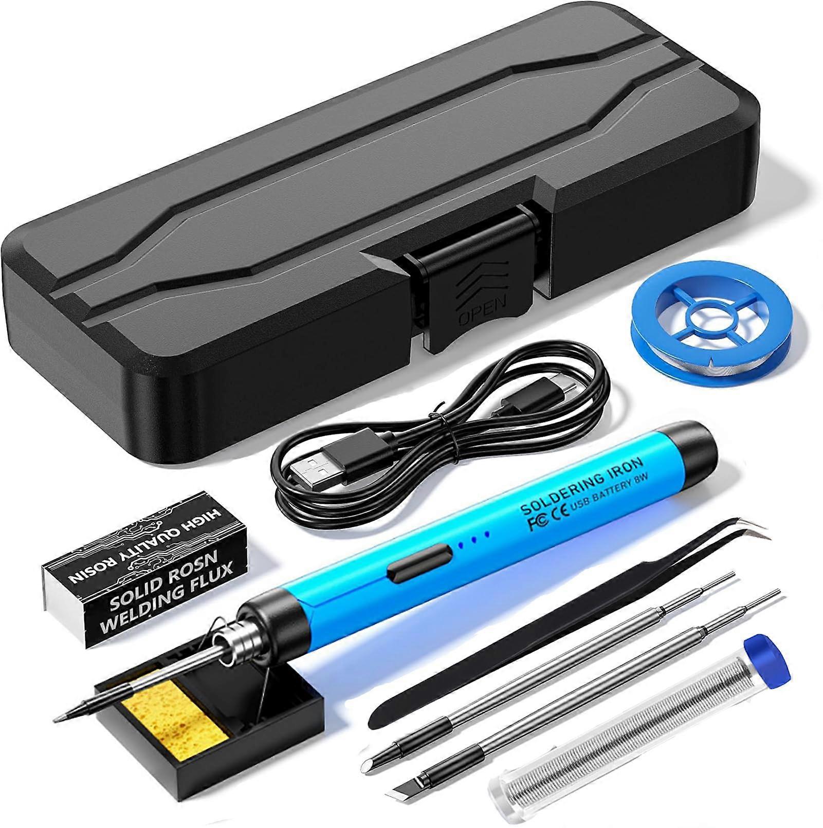 Mini Cordless Soldering Iron Kit, 10-in-1 USB Rechargeable Soldering Pen with 3 Temperature Settings, Portable for DIY and Repairs (Blue)