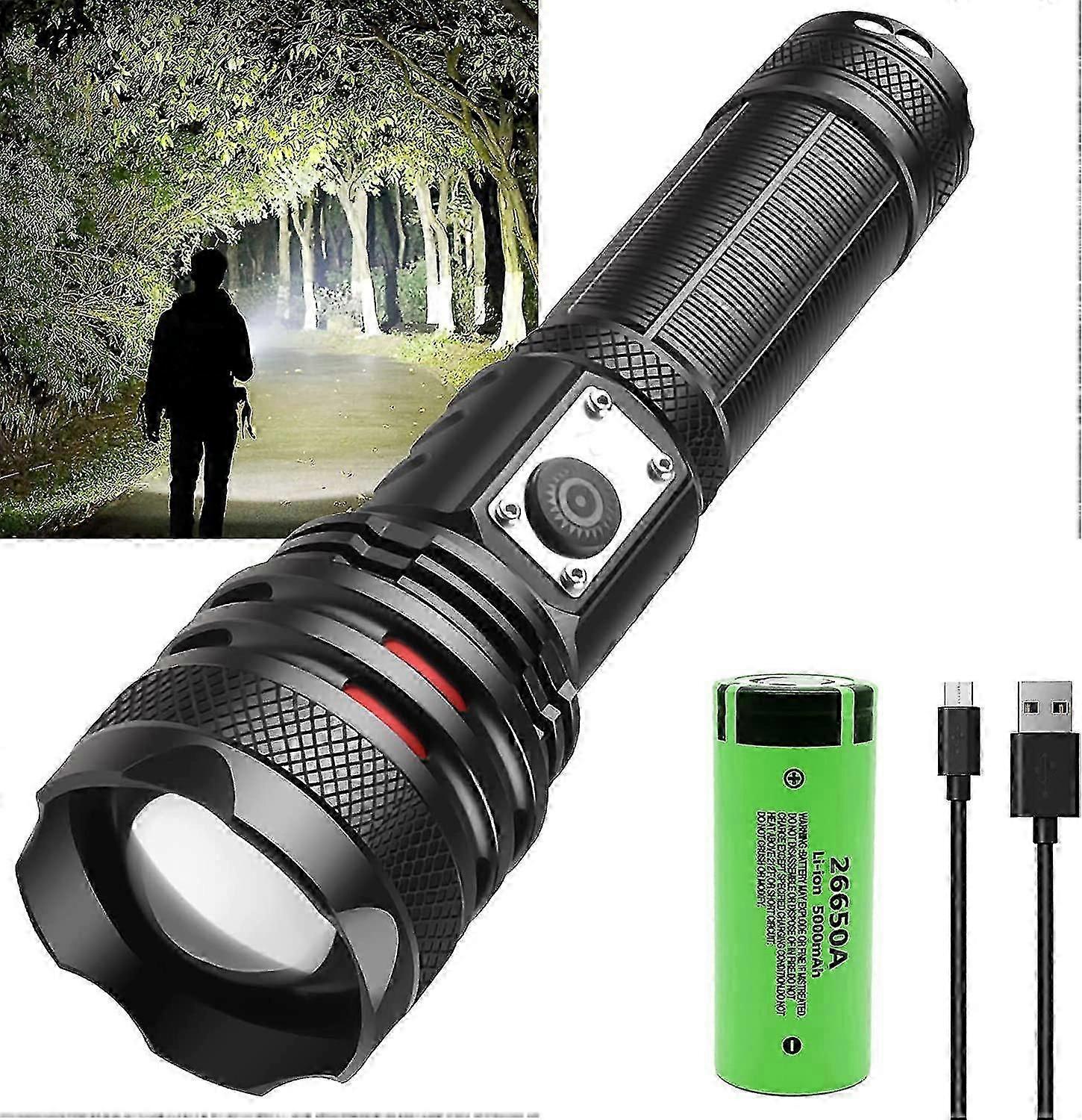 Tactical Flashlight Led Torch, 20000 Lumens P70 High- Powerful Torch, Usb Rechargeable Flashlight With 5000mah Rechargeable 26650 Battery, Fit For Out