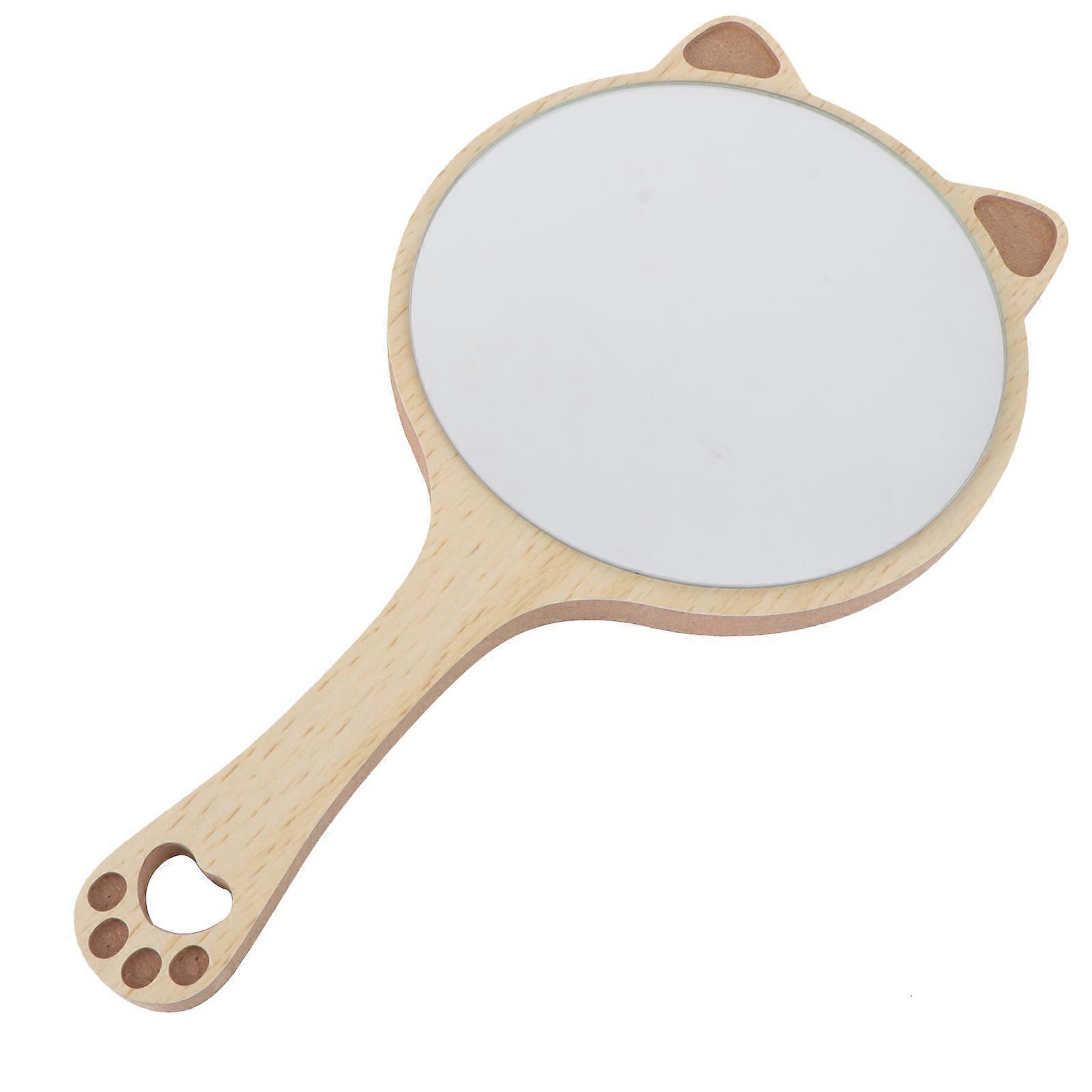 Cute Cat Ear Handheld Makeup Mirror with Wooden Handle for Travel and Home Use – Compact Design for Easy Storage – Ideal for Makeup Lovers