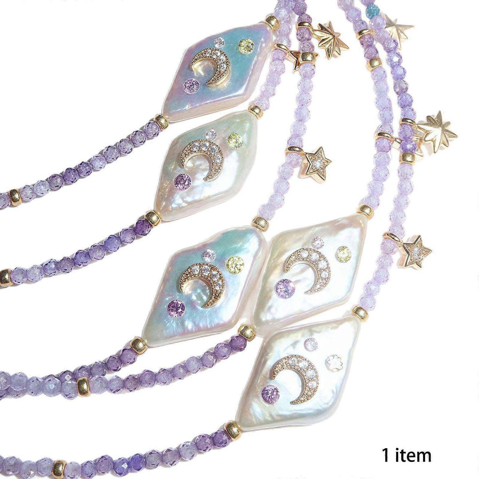 Moon Star Necklace Handmade Beaded Chain Zircon Neckchain with Imitation Pearls and Purple Beads