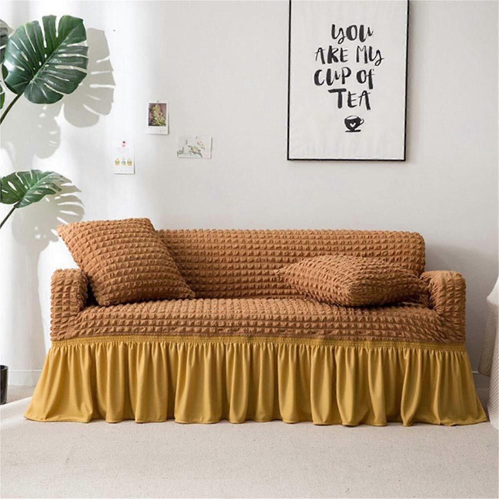 Rustic stretch sofa slipcover, elastic onepiece protector, camel, XL (229.9–299.7 cm)