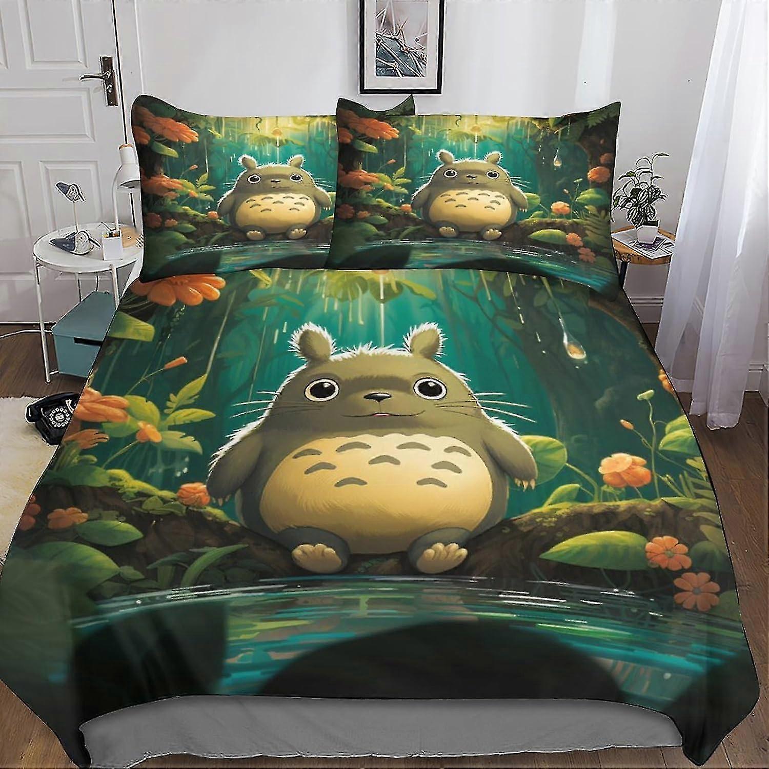 Totoro Themed Quilted Bed Cover Set with Hidden Zipper - 3 Piece Anime Bedding in Microfiber with 3D Print and Pillowcases - Ideal for Kids