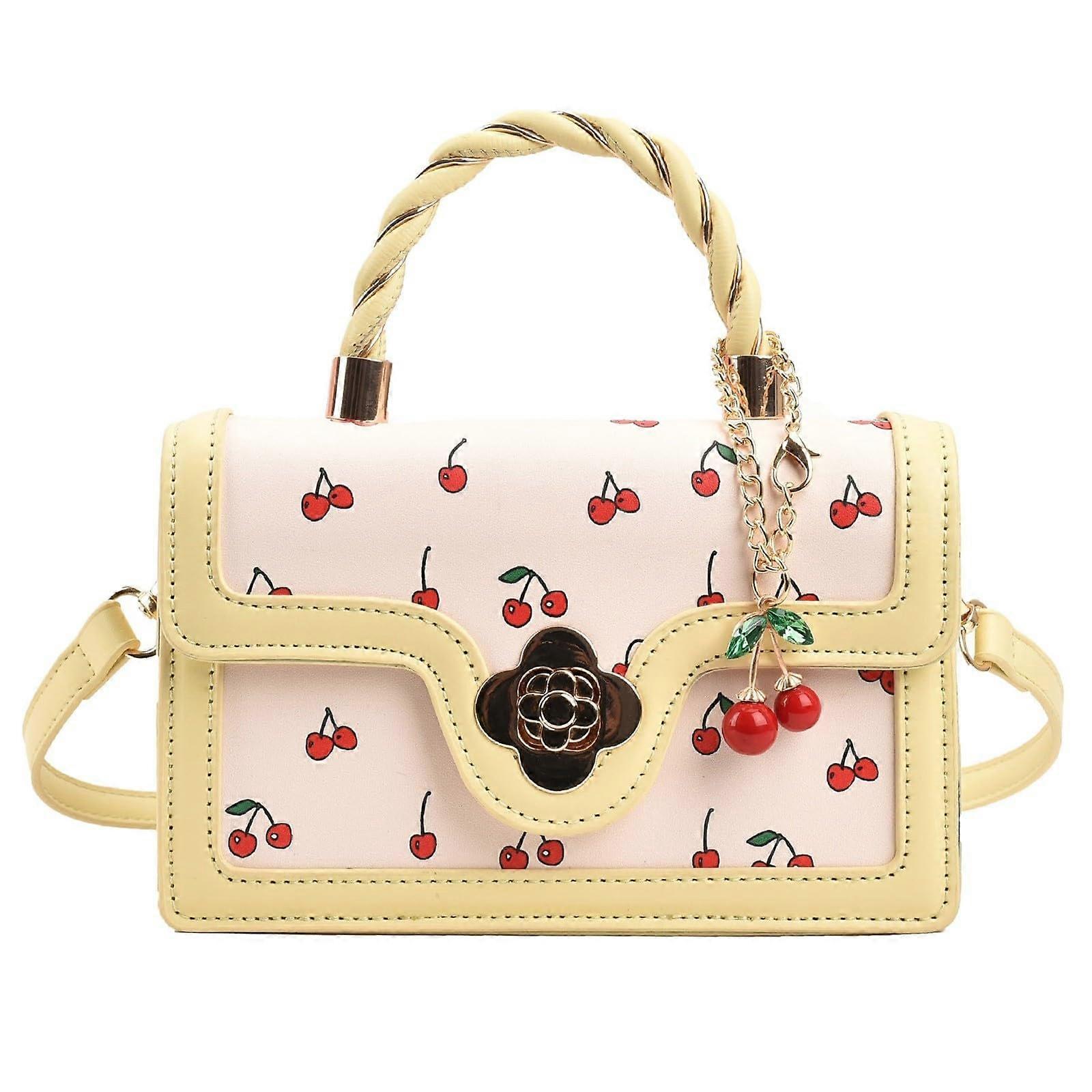 Damen Small Crossbody Bag with Cute Cherry Pattern,  Leather Square Chain Bag